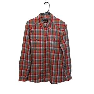 Orvis Shirt Mens Medium Orange Gray Red Plaid Trout Bum Outdoor Fishing Fish